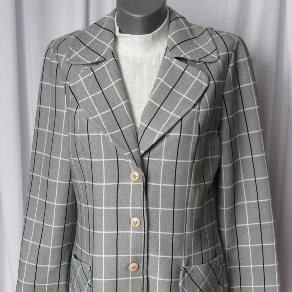 Retro Plaid Grey 1970s Vintage Paris Star Blazer - Picture 3 of 8